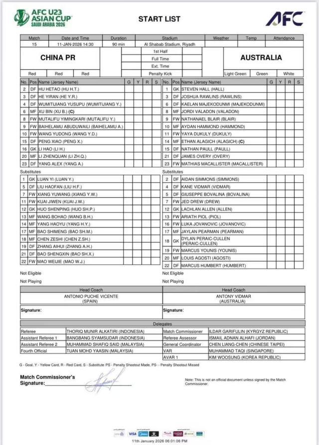 Bet365体育平台-U23国足VS澳大利亚首发出炉！王钰栋出战杨希先发